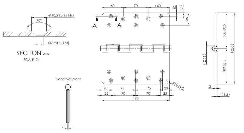 Technische tekening kantelaafscharnier